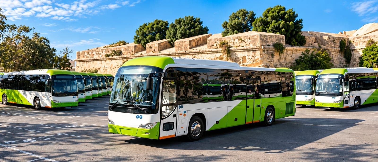 La terminal de autobuses de La Valeta junto a City Gate, con varios autobuses verdes y blancos en sus dársenas, gente esperando con los paneles de destinos y la fuente del Tritón detrás