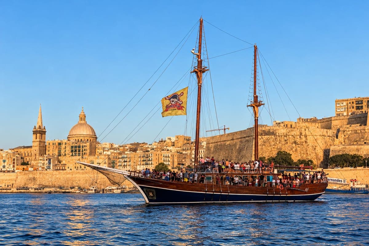 Un velero de madera de dos mástiles con bandera pirata, lleno de gente en cubierta, navegando delante de las murallas de La Valeta y la cúpula del Carmen a última hora de la tarde