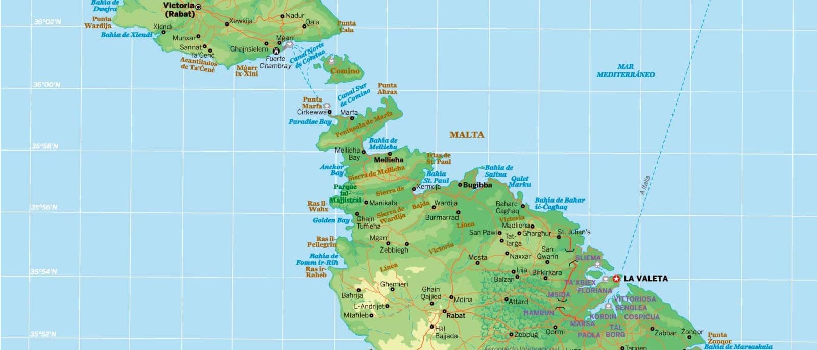 Mapa de Malta con los nombres de los pueblos, las bahías y La Valeta, y Gozo asomando por el norte