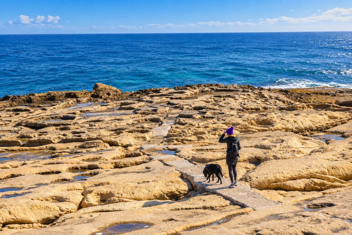 Una mujer de espaldas paseando a su perro negro con correa por las rocas planas de la costa de Malta, con el mar azul delante, en un día de invierno