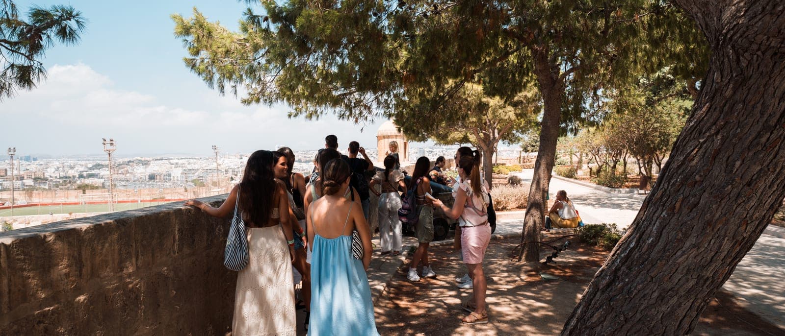Un grupo de estudiantes jóvenes a la sombra de los pinos en un jardín sobre la muralla de La Valeta