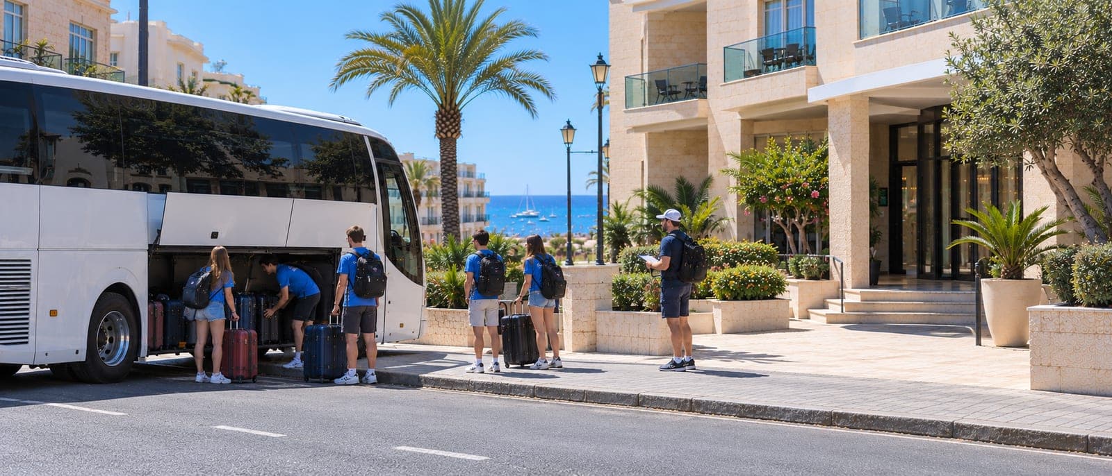 Un grupo de estudiantes de instituto con mochilas y camisetas iguales bajando de un autobús frente a un hotel de Bugibba, con monitores contando cabezas
