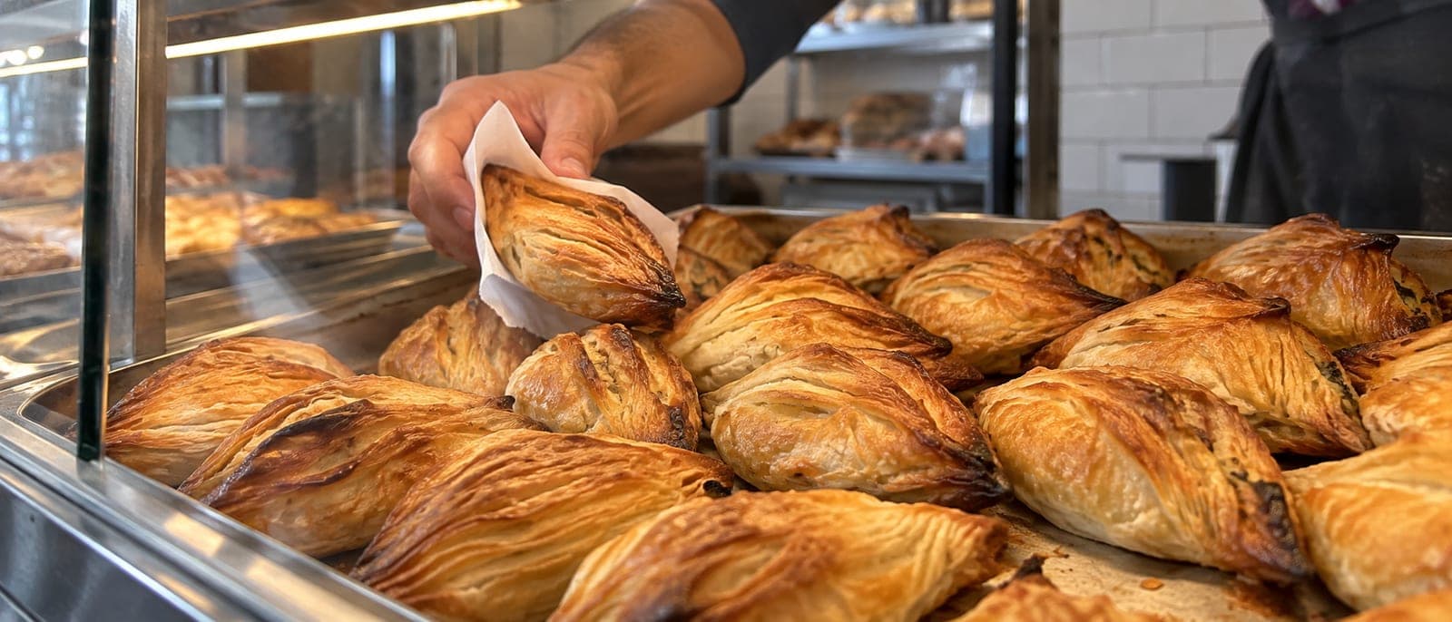 Una bandeja de pastizzi recién horneados en la vitrina de una pastizzeria de Malta, los rombos dorados de hojaldre en filas, y una mano cogiendo uno con papel