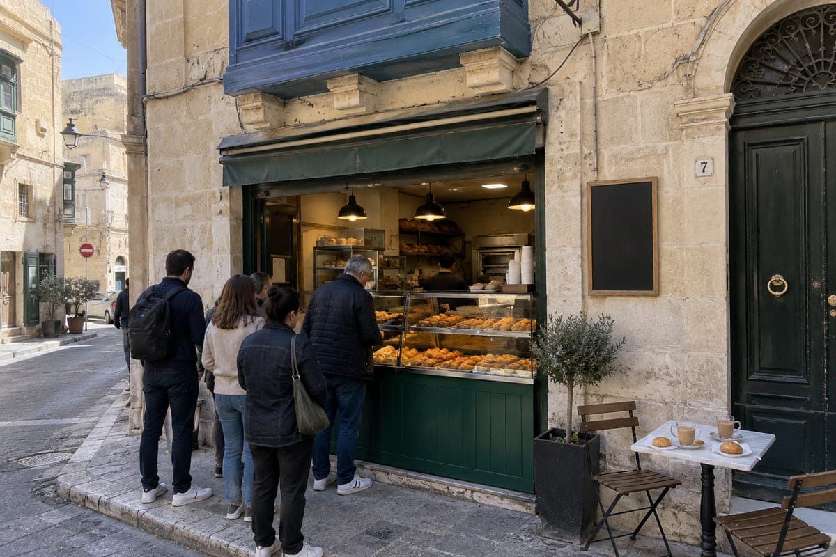La fachada y el mostrador de una pastizzeria clásica de Malta con la vitrina llena, gente en la puerta a media mañana y una mesa de mármol fuera con tés
