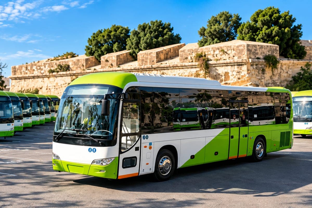 Un autobús verde y blanco de Malta Public Transport aparcado junto a las murallas, con otros autobuses detrás