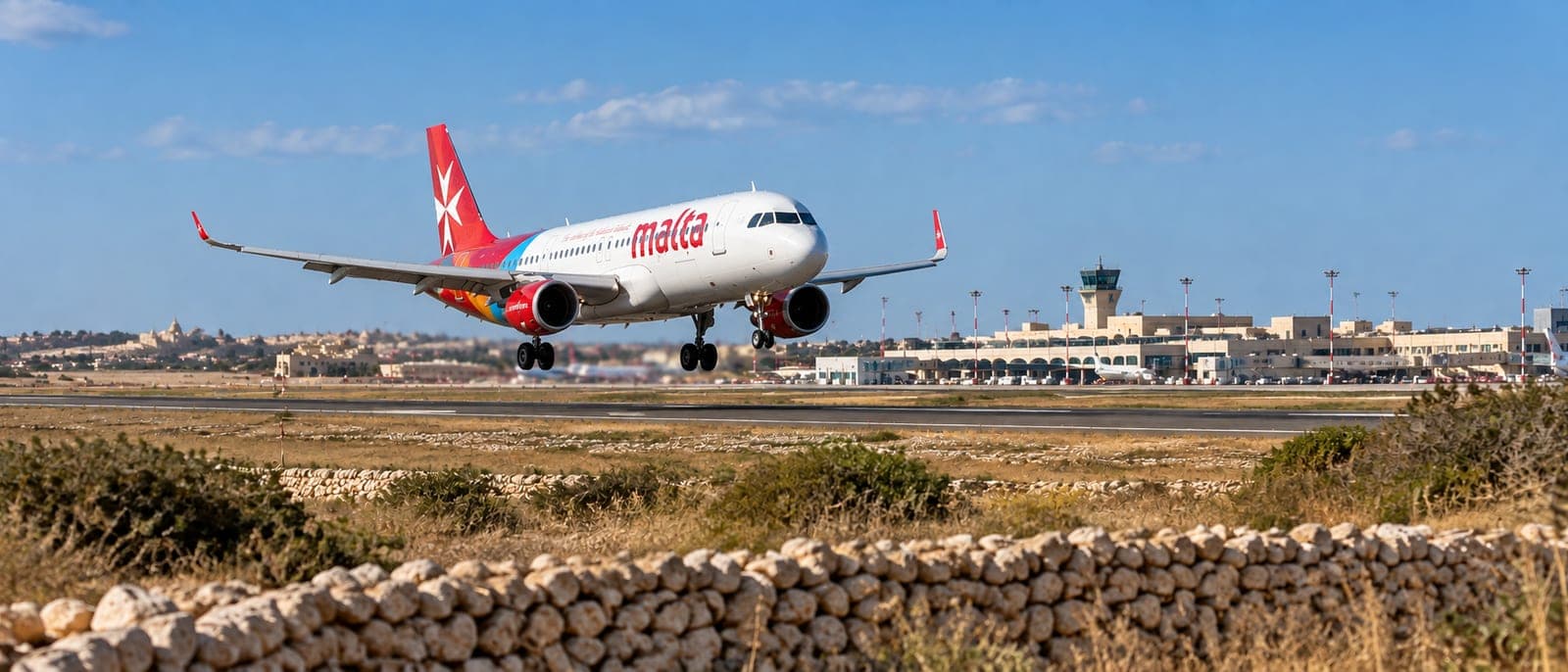 Un avión aterrizando en el aeropuerto de Malta visto desde fuera de la valla, con el paisaje de piedra y el cielo azul, y la terminal al fondo
