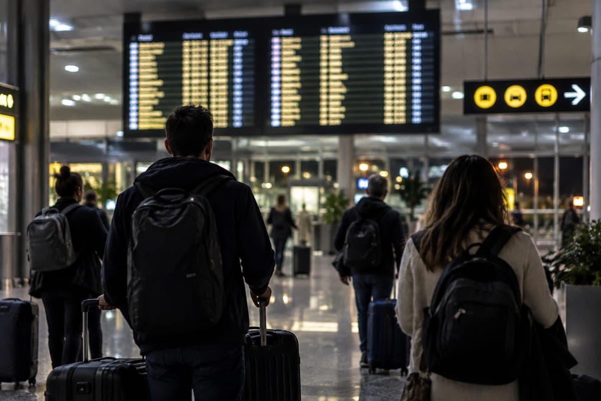 Viajeros de espaldas con maletas bajo la pantalla de vuelos de una terminal de aeropuerto, de noche